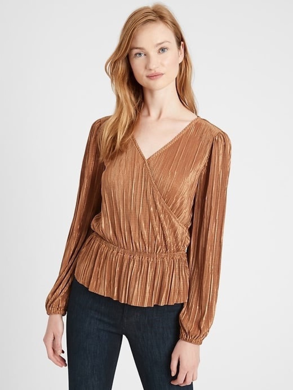 Banana Republic Factory Plisse Wrap-Effect V-Neck Blouse in Copper
